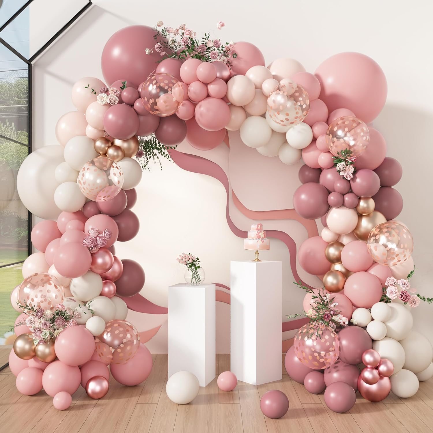 Wat is de populaire stijl van de stoffige roze ballonboogkit?