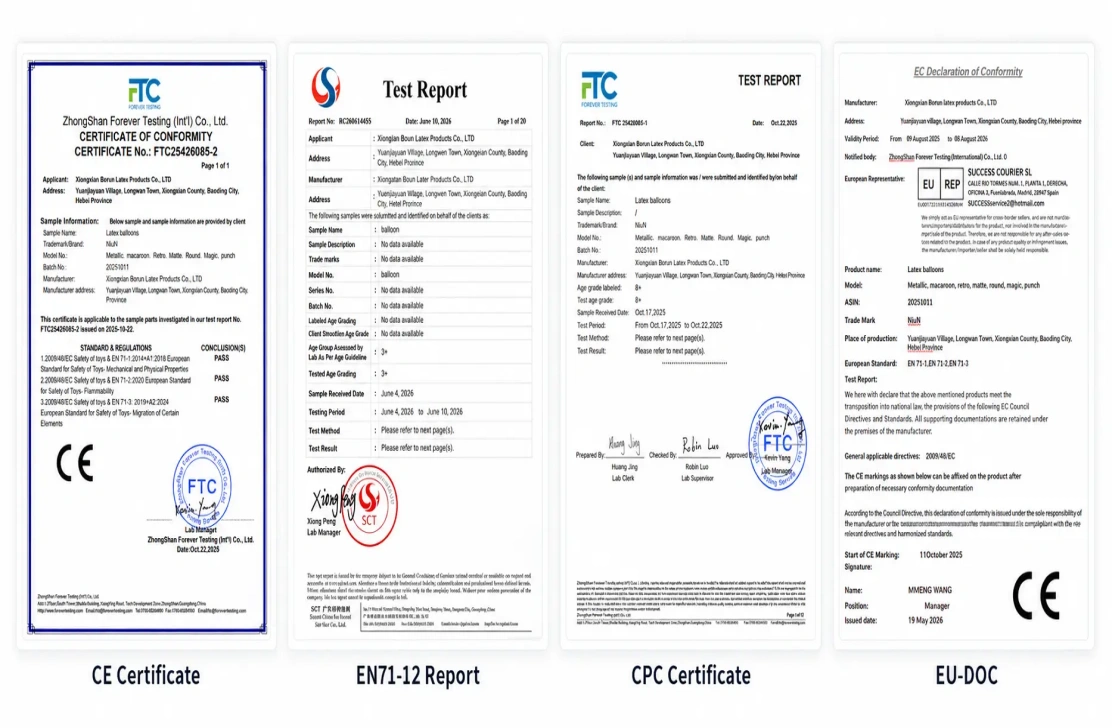 Borun Balloon Factory latex balloon testing and compliance documentation